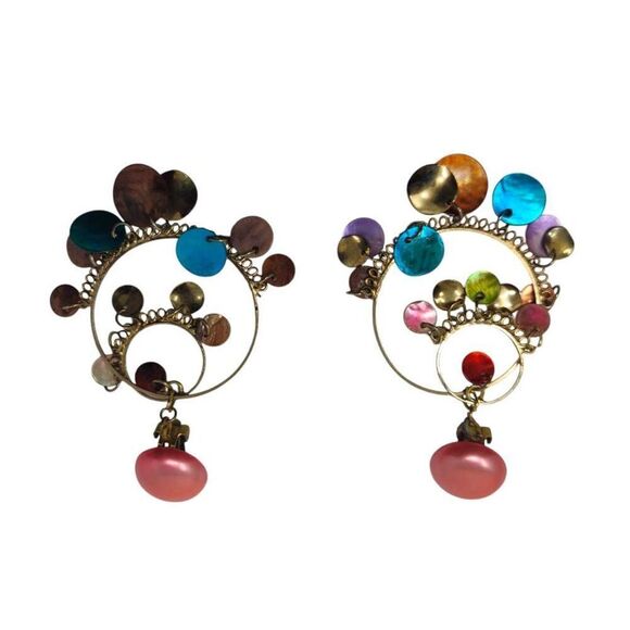 Vintage Pink Multi-Stone Hoop Dangle Clip-On Earrings | Statement Boho Jewelry - Picture 3 of 5